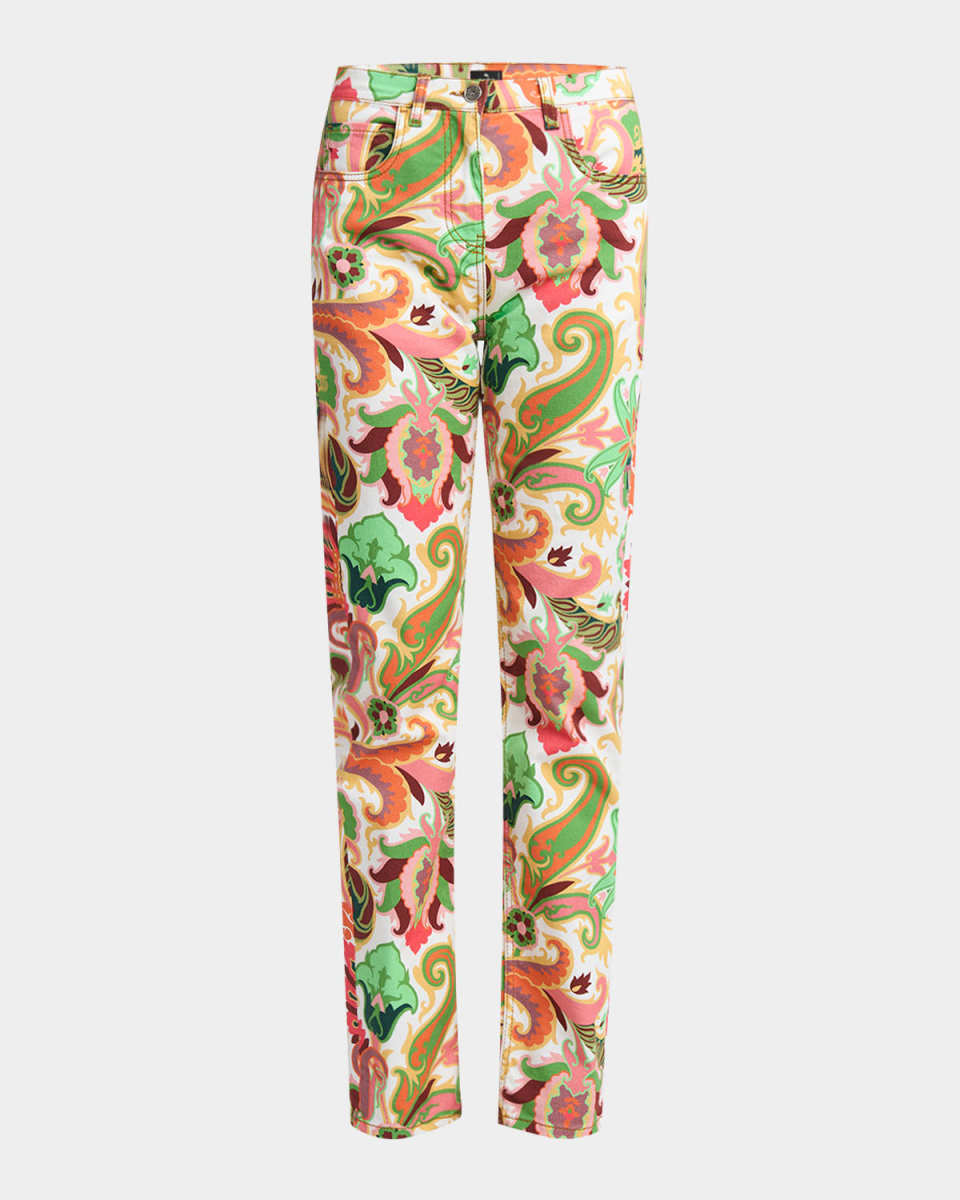 White Summer Print Straight-Leg Denim Jeans